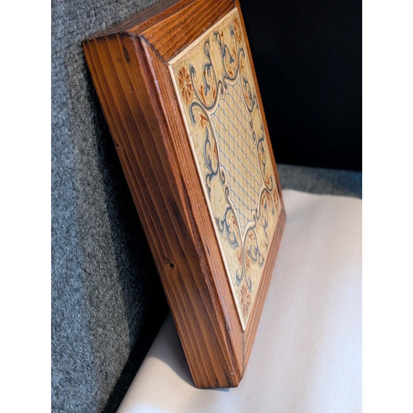 Vintage Italian Ceramic Tile Wood Framed Square Trivet Art Nouveau Pattern