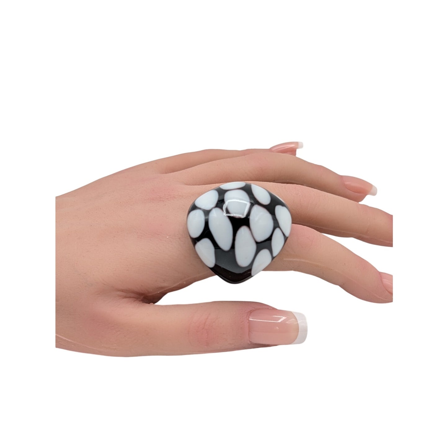 Chunky Black Polka Dot Lampwork Glass Dome Ring Size 6