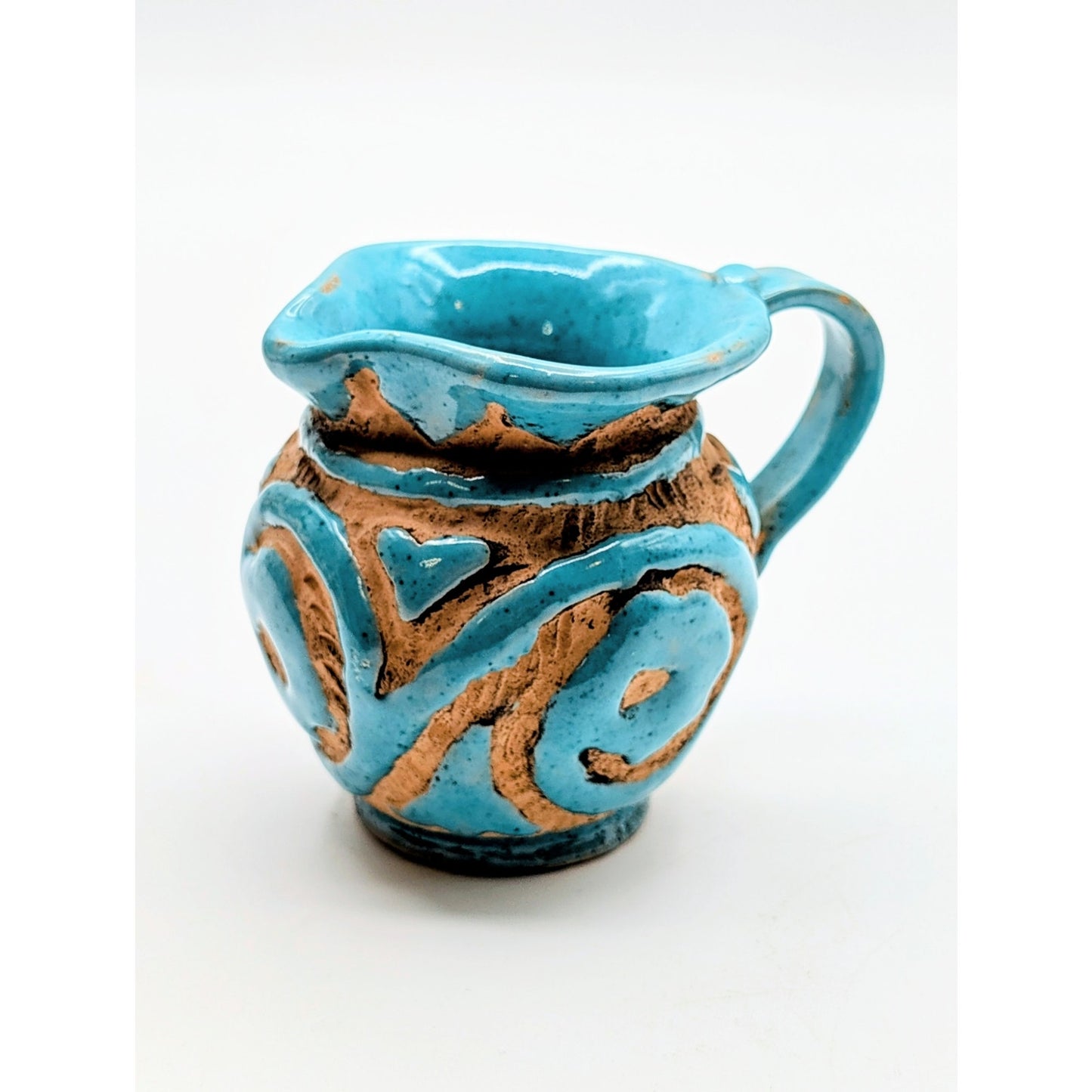 Vtg 50s Italian SACA Sgraffito Art Pottery Aqua Glaze Hand Painted Mini Pitcher