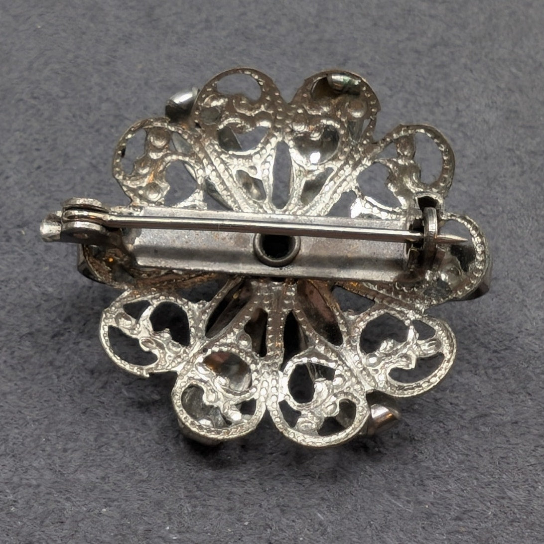 Vintage 40's Turquoise Czech Glass Filigree Silver Tone Brooch