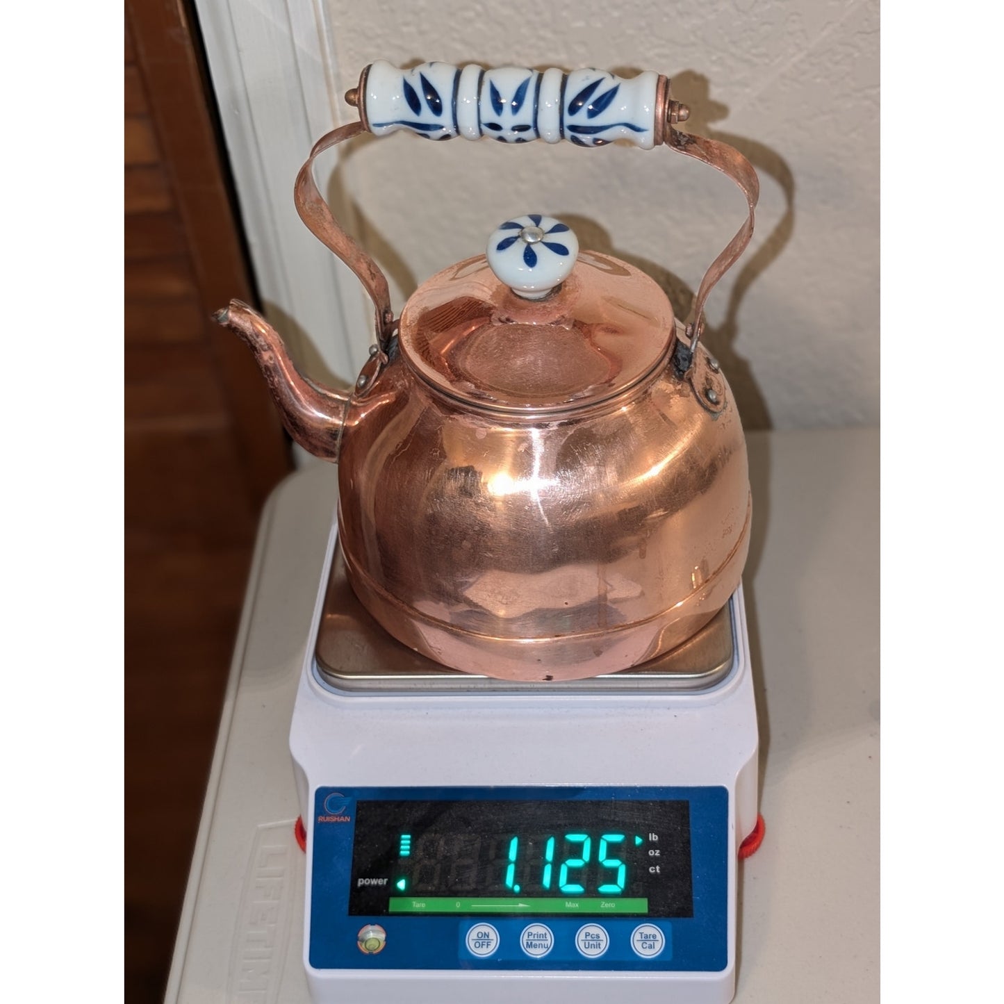 Vintage Antique Copper Tea Kettle W/ Blue White Ceramic Handle & Lid