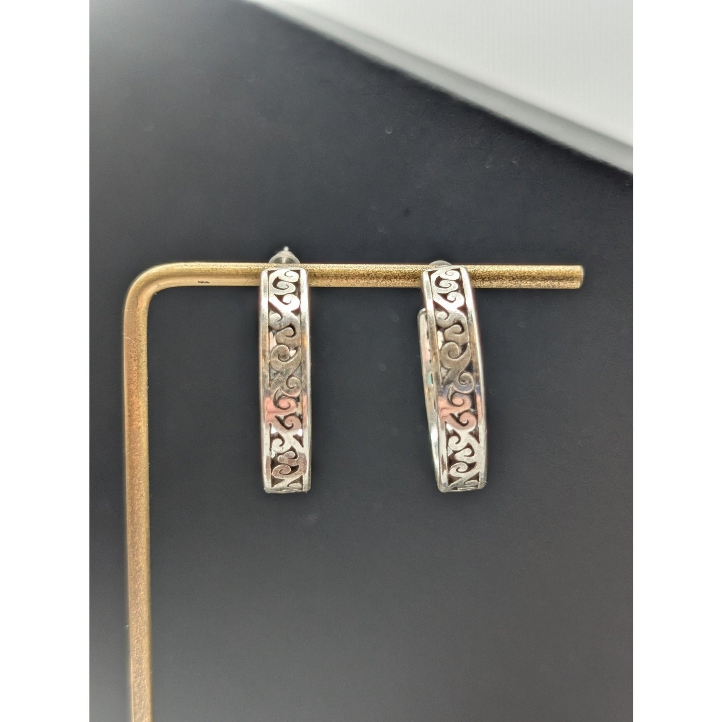 Silver Plated Cut Out Design 3/4 Hoop Earrings