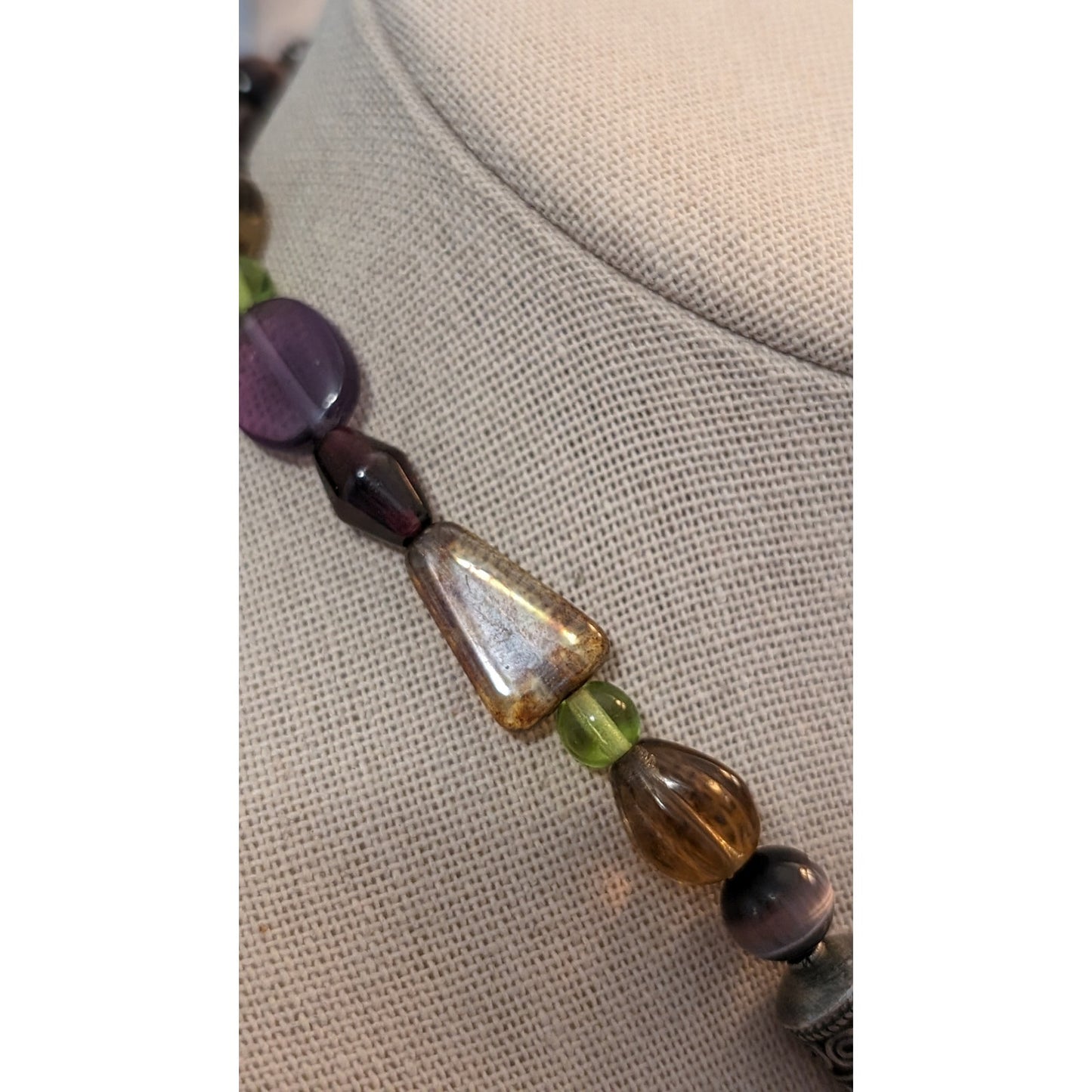 Amethyst Pearl Art Glass Cat's Eye 925 Bali Bead Necklace W/ Amethyst Pendant