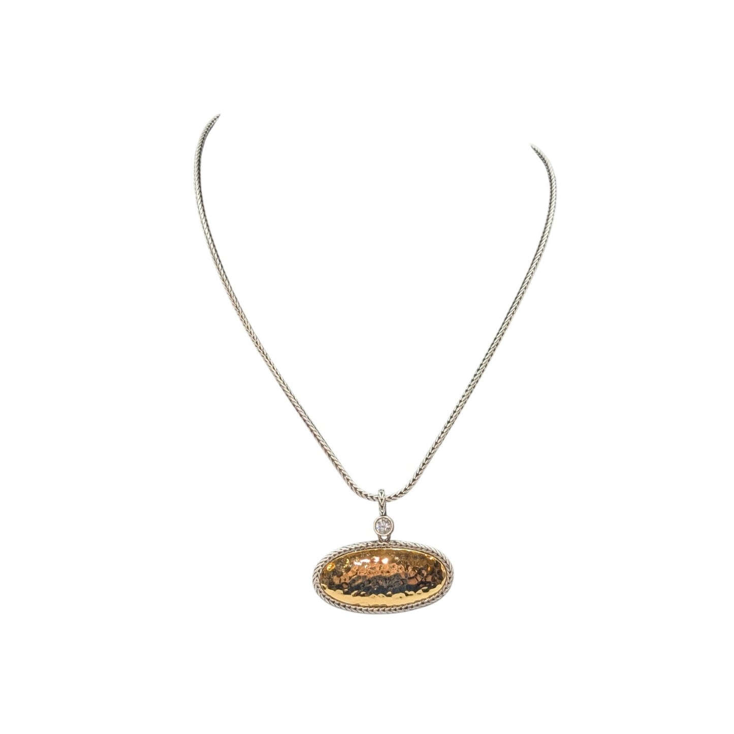Premier Designs Two Tone Hammered  Pendant CZ Wheat Chain 16.5"-18"Necklace
