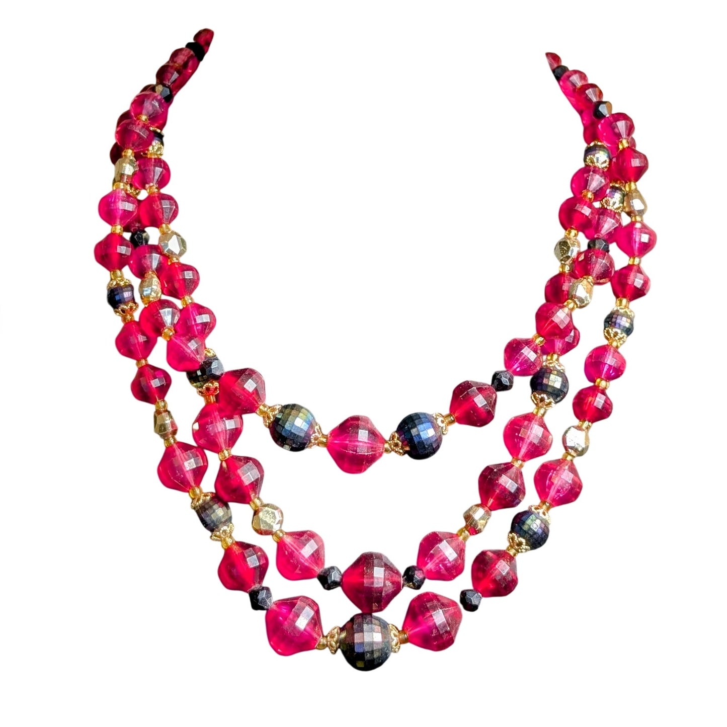 VTG Signed Western Germany Pink Gray Faceted Three Strand Acrylic Bead Necklace