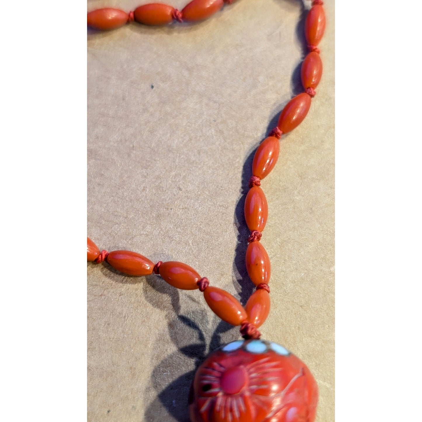 Antique Carved Birds Asian Medallion Hand-Knotted Beaded Necklace