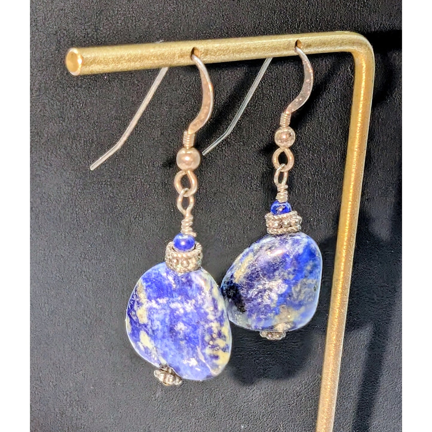 Vintage Denim Lapis Lazuli Stone 925 Sterling Silver Dangle Earrings