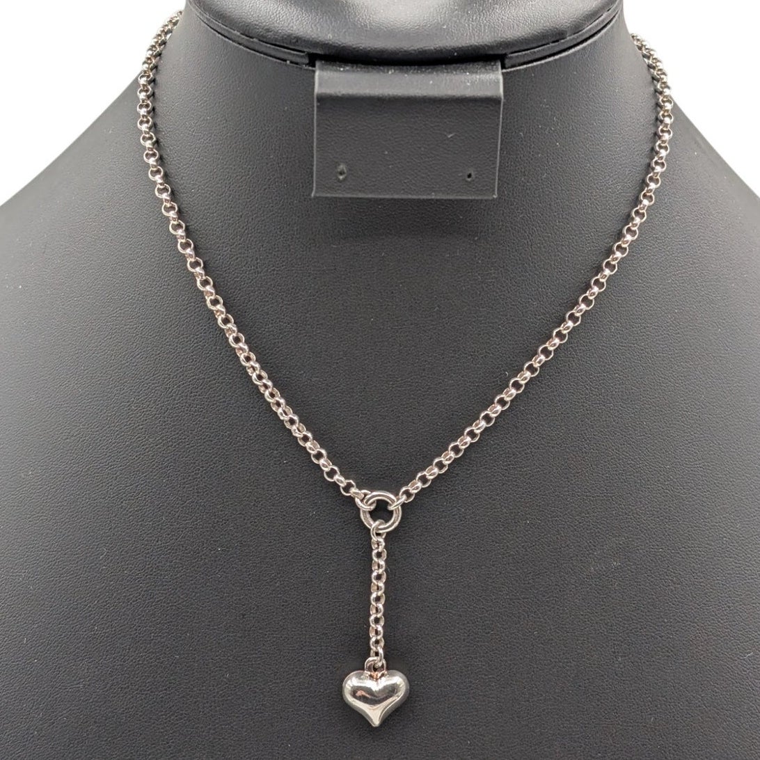 925 Sterling Silver Y Drop Heart Dangle Rolo Link 15.5" Chain Necklace
