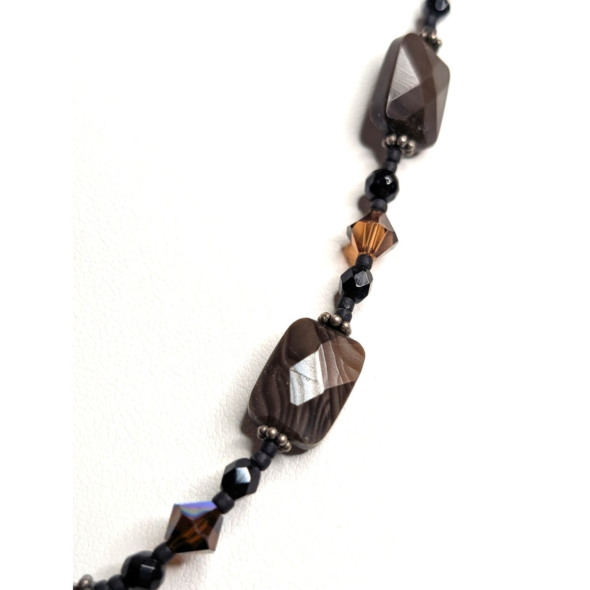 Black & Brown Crystal & Agate Stone Beaded 18" Necklace with Swirl Hook Clasp