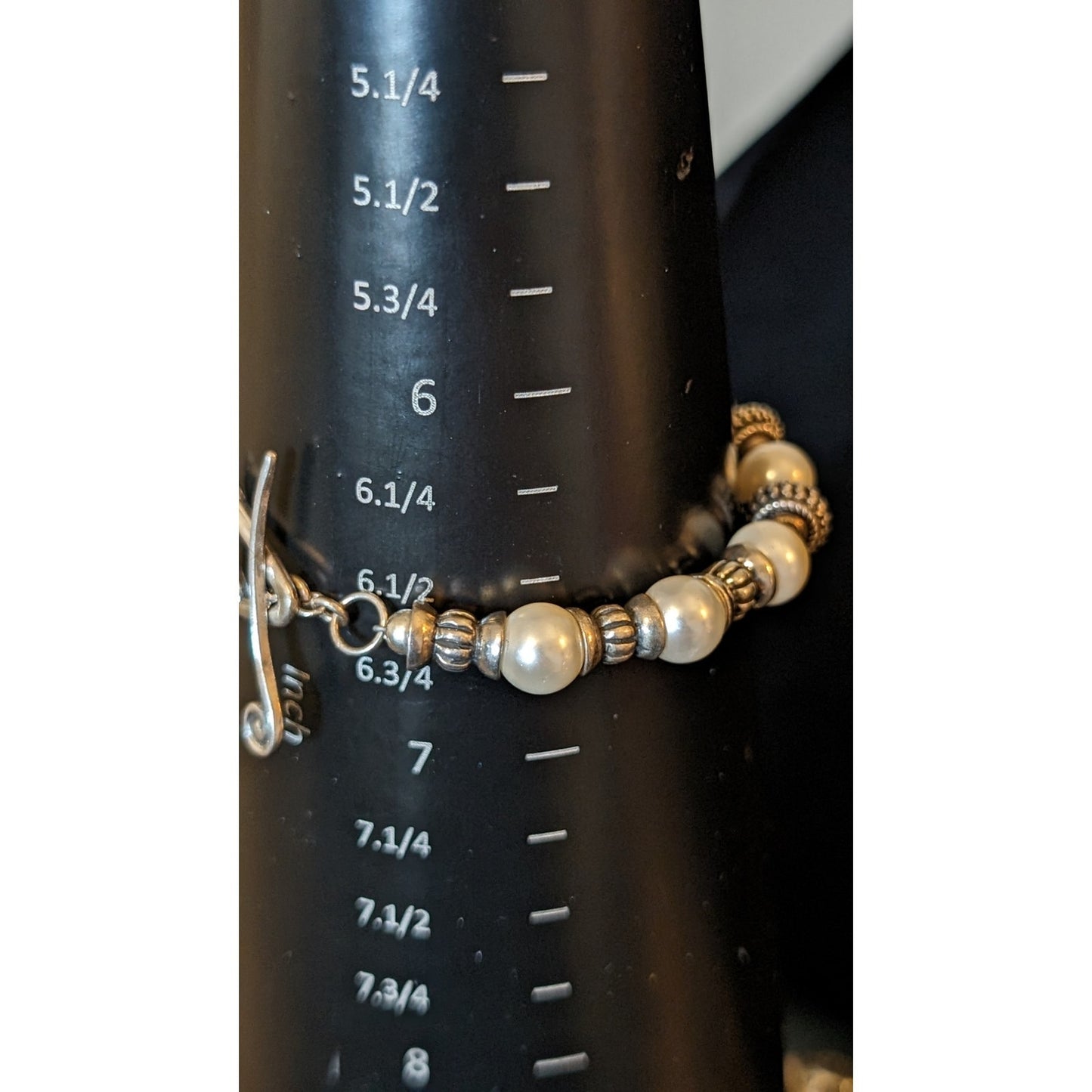 925 Sterling Silver Glass Faux Pearl Bead Fancy Toggle Clasp  7.5" Bracelet
