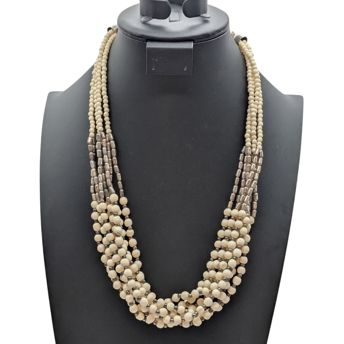VTG Off White & Silver Bead Multi-Strand Egyptian Tribal Hook Clasp Necklace