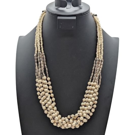 VTG Off White & Silver Bead Multi-Strand Egyptian Tribal Hook Clasp Necklace