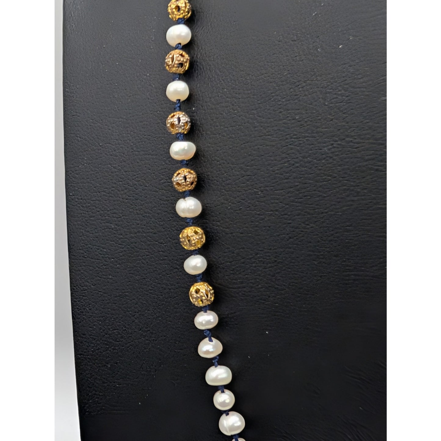 Vtg Zacasha Genuine Pearl Navy Filigree Bead Blue Silver Tassel Boho Necklace