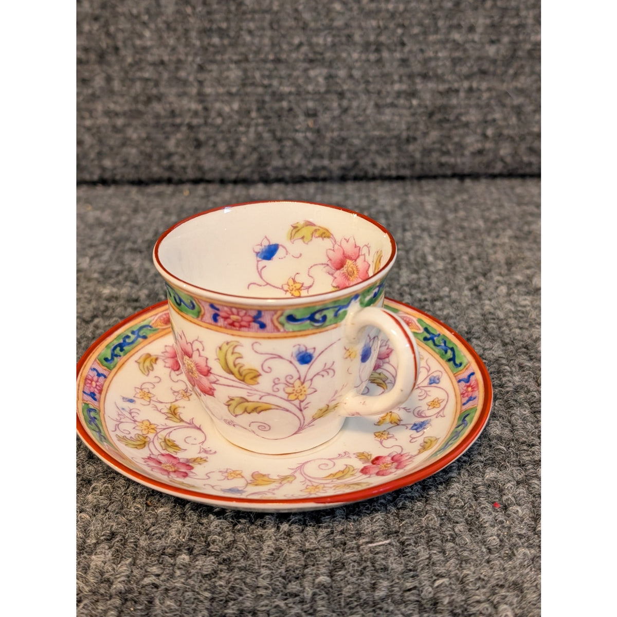 Vintage Royal Chelsea England Tennyson Pink Green Set of 2 Tea Cups & Saucers