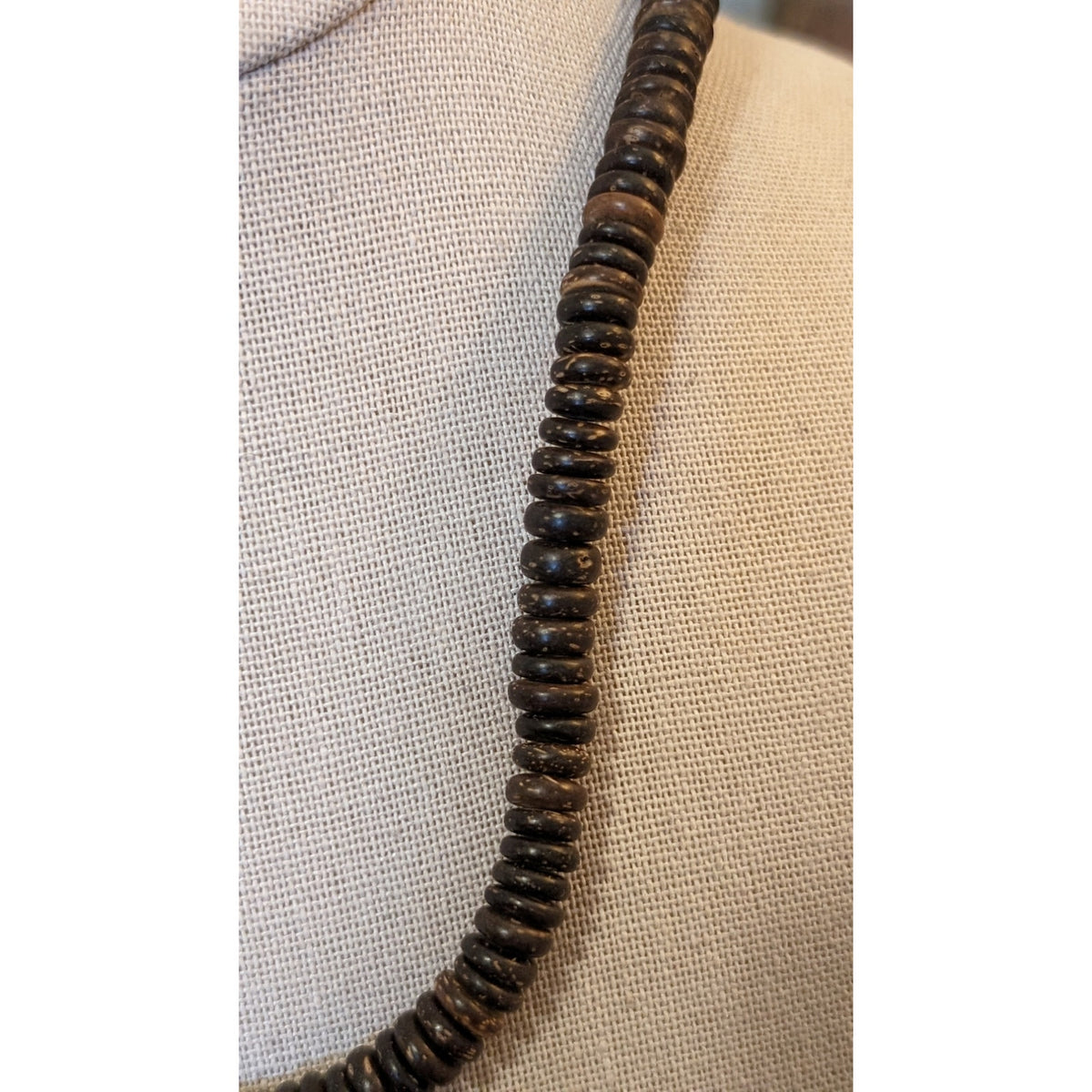 Vintage Brown Coconut Wood Bead Barrel Clasp 18.5" Necklace