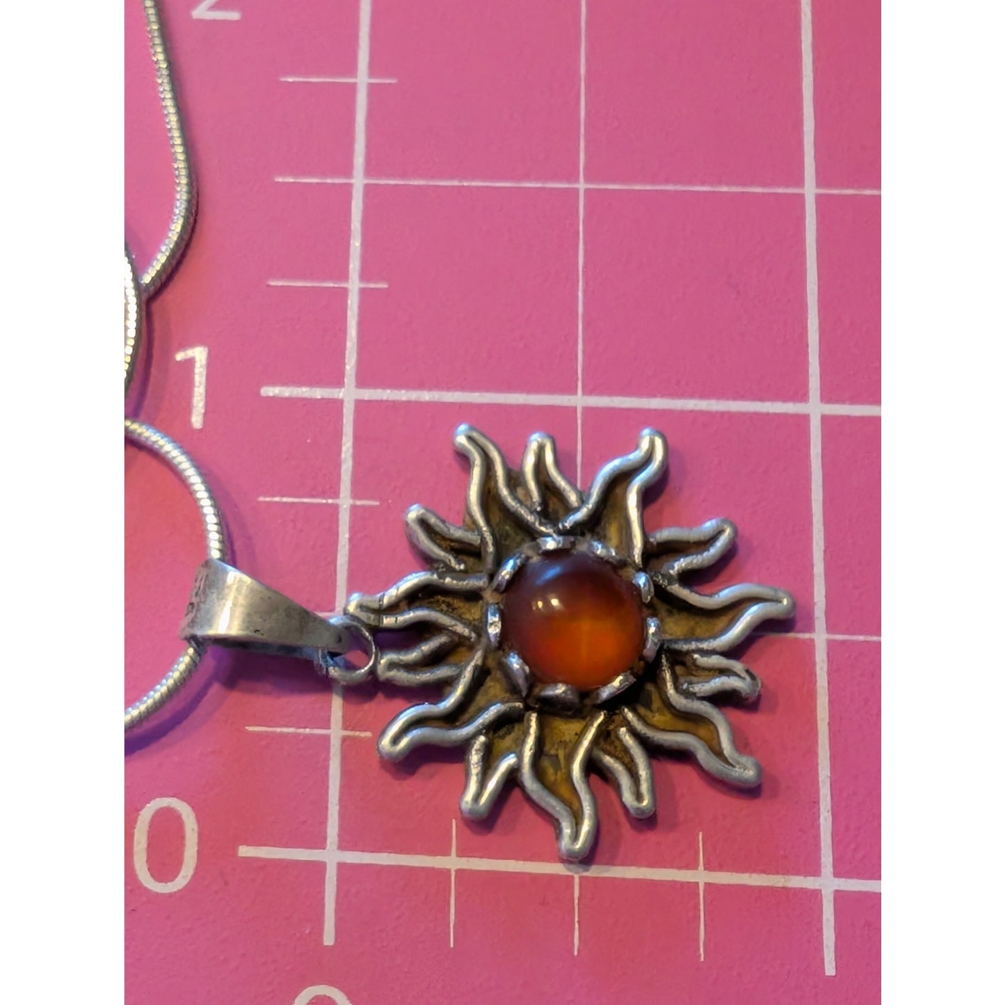 Vtg 925 Sterling Silver Amber Color Stone Sunburst Pendant 16" Chain Necklace