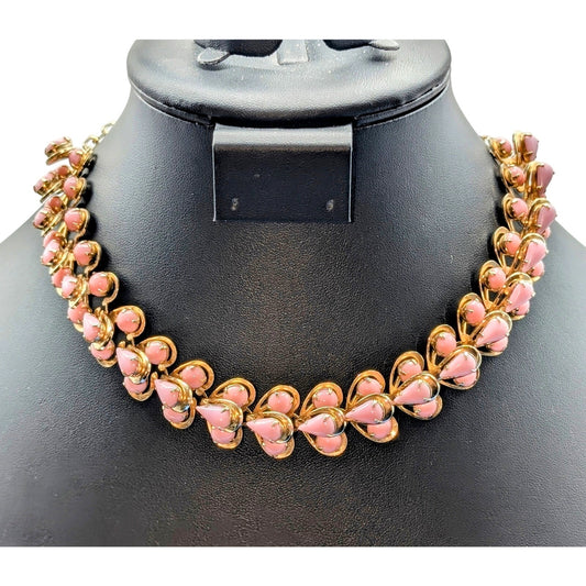 VTG Unsigned Pink 3D Layered Teardrop Gold Tone 13.5-16.5" Hook Clasp Necklace