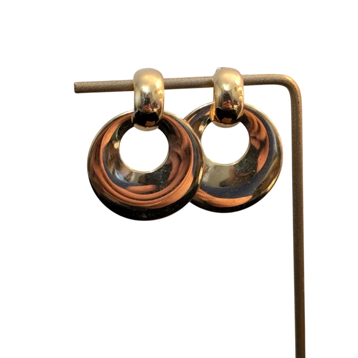Vintage 80s High Polished Gold Tone Door Knocker Hoop Post Earrings