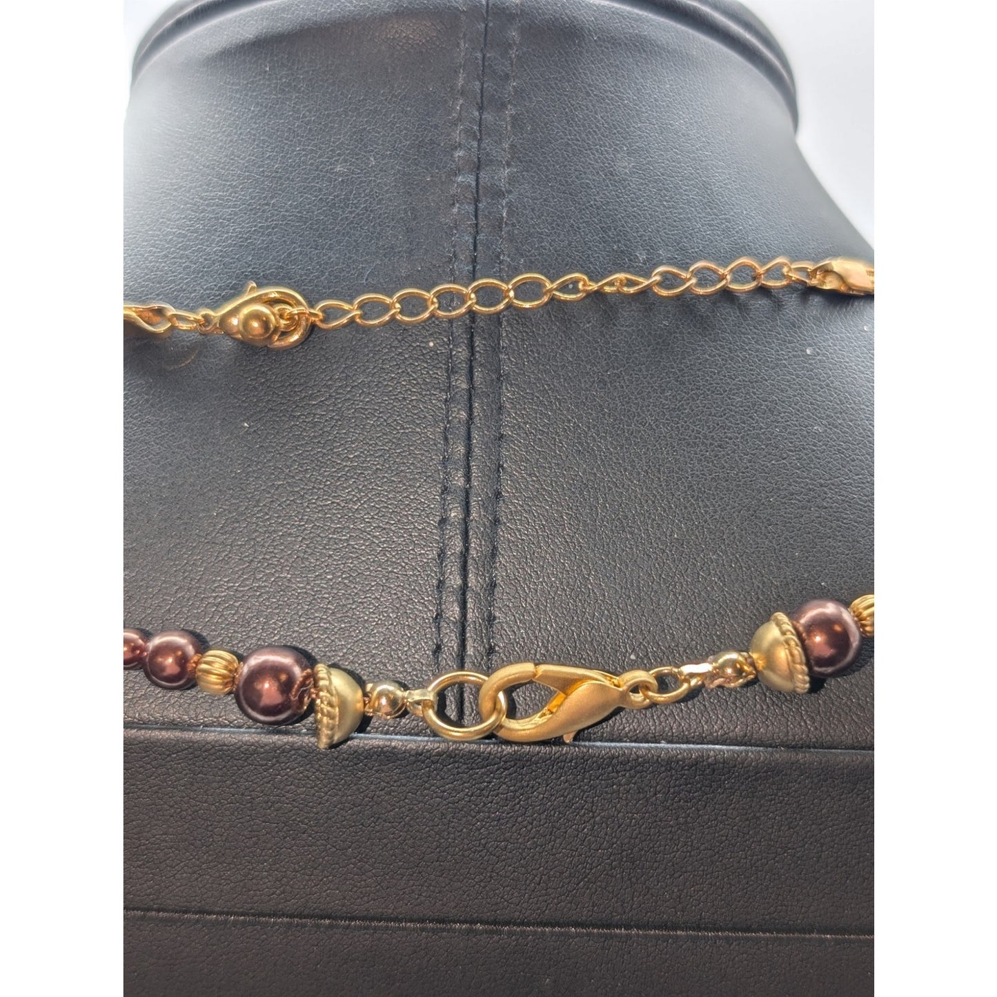 Two Gold Tone Beaded Necklaces--1 Triple Strand Ball Bead & 1 Copper Glass Bead