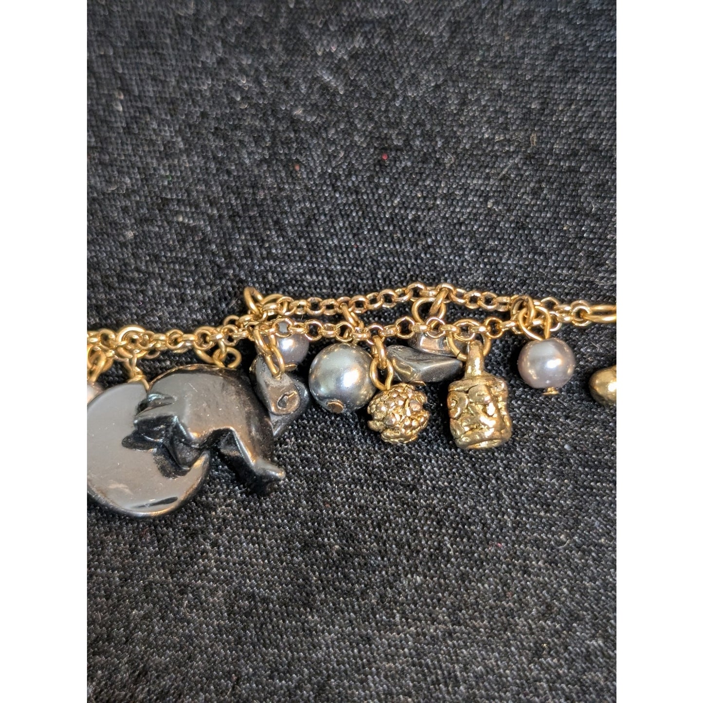 Vintage Antique Gold Tone Carved Glass Animal Gray Pearl Charm Toggle Bracelet