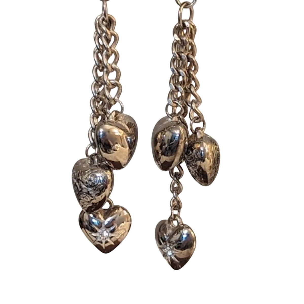 Vintage Filigree Button Dangling Hearts Post Earrings in Silver Tone Metal