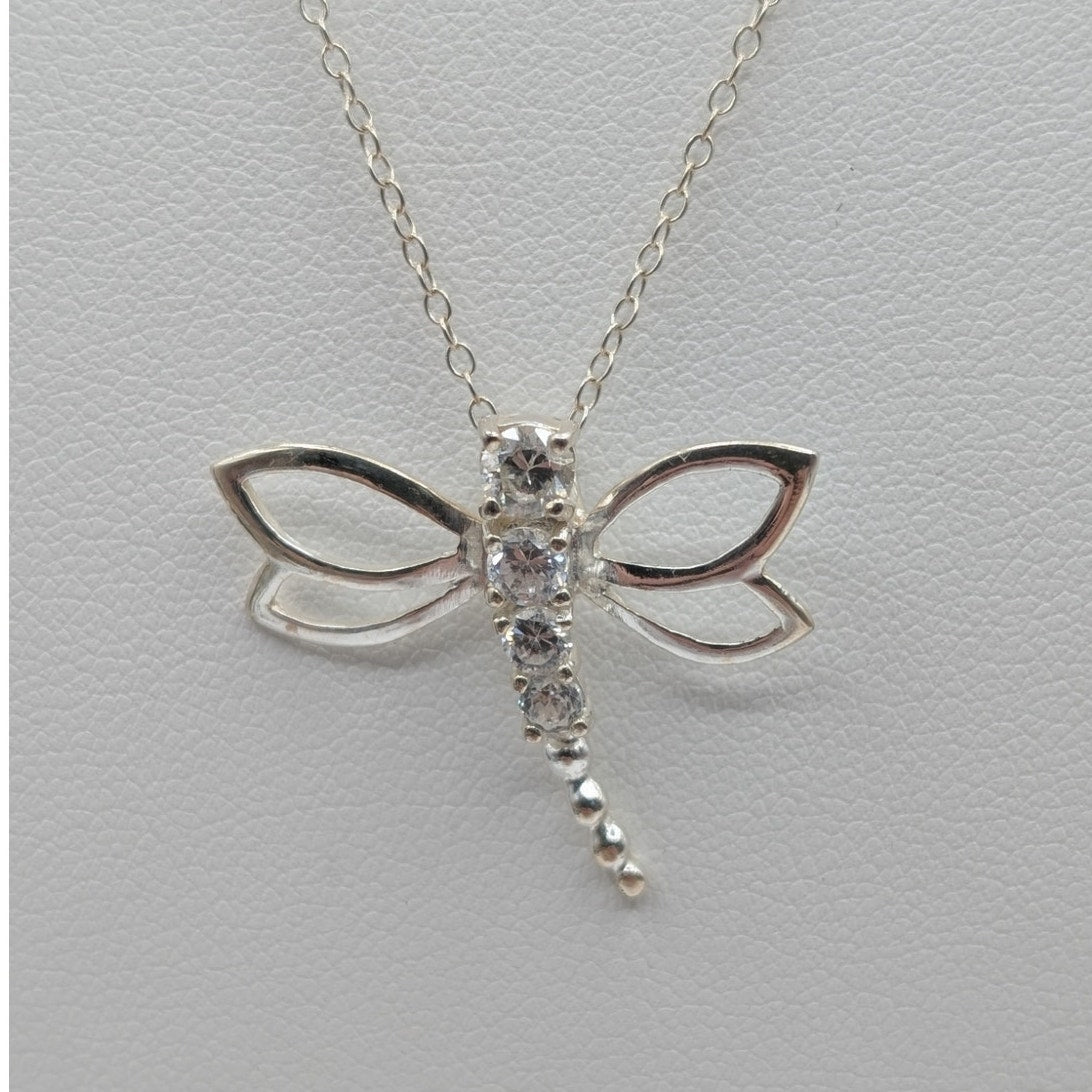 Vintage Sterling Crystal Dragonfly Pendant 18" Chain Necklace