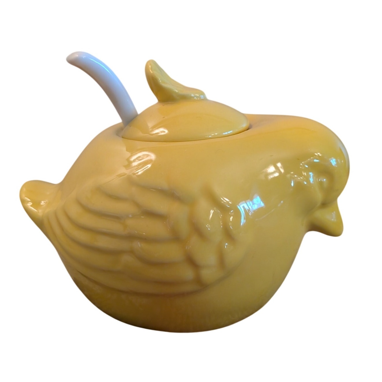 Vintage Yellow Bird Sugar Bowl W/ White Glass Spoon