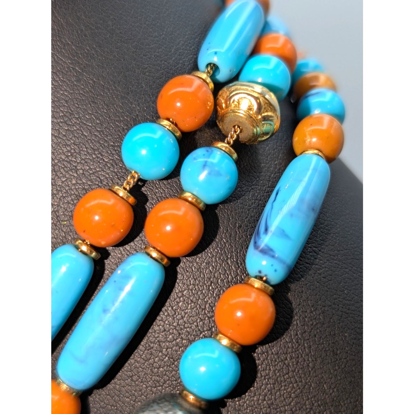 Vintage Three Strand Aqua Brick Gold Tone & Silver Tone Beaded Pendant Necklace