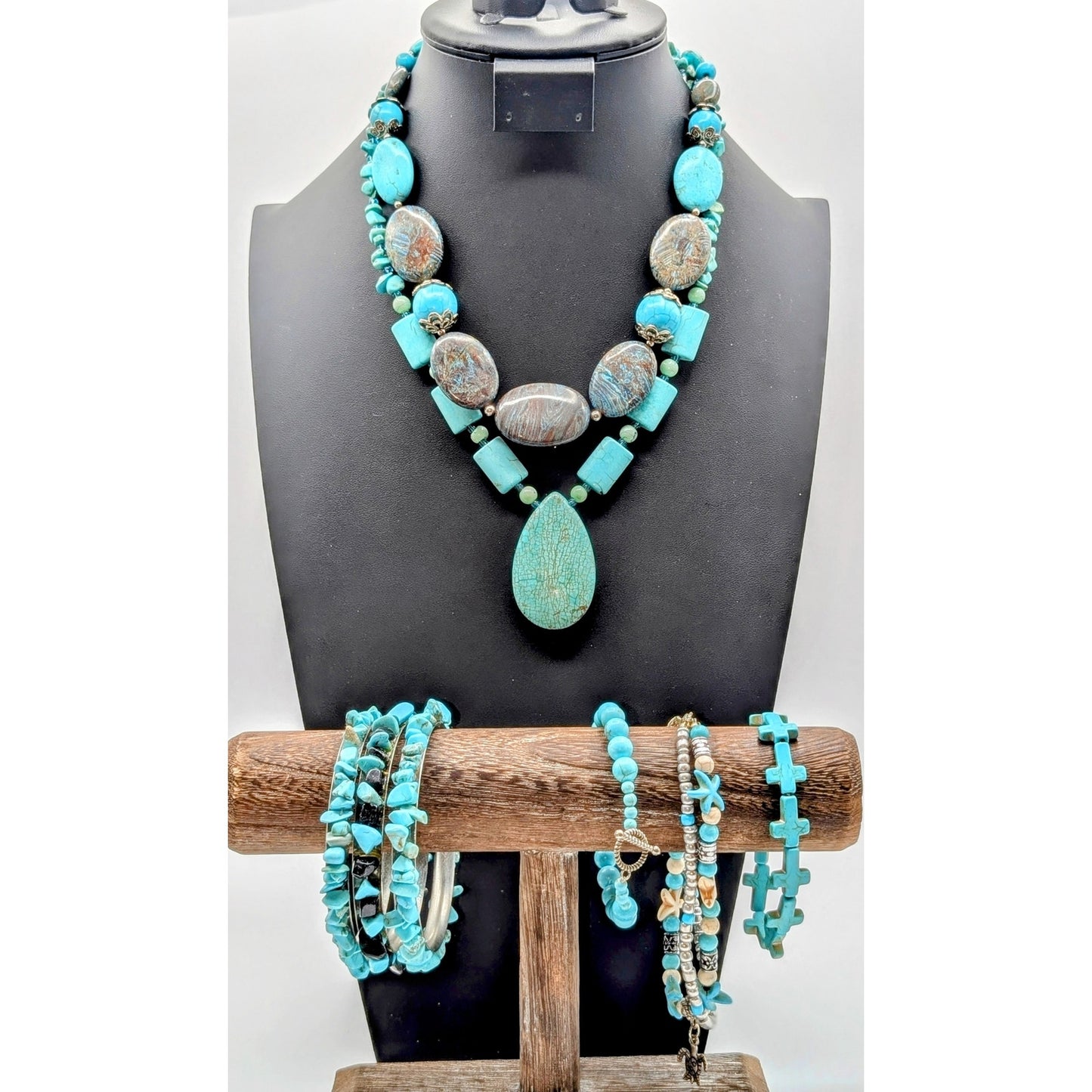 Mixed Lot of Two Blue Stone Necklaces and Six Stone Bracelets