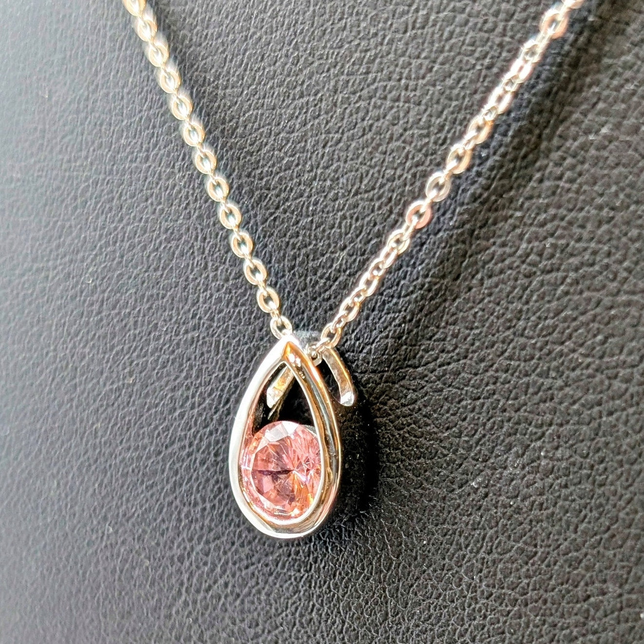 925 Sterling Silver Pink Crystal Teardrop Pendant 18" Necklace