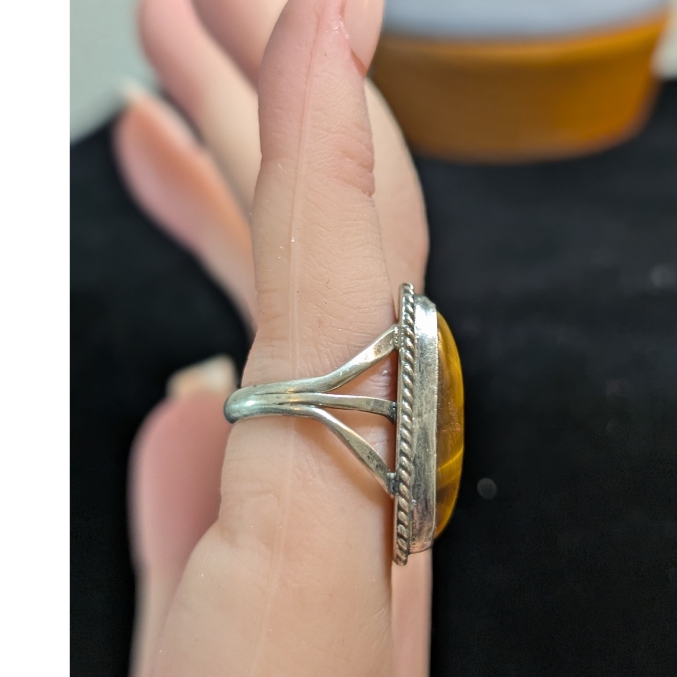 Vintage Sterling Silver Tiger's Eye Long Oval Native American Ring Size 4