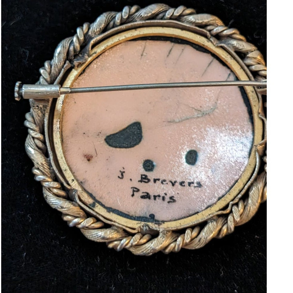 Vintage Signed J. Brevers Paris Large Fused Limoge Enamel on Porcelain Brooch