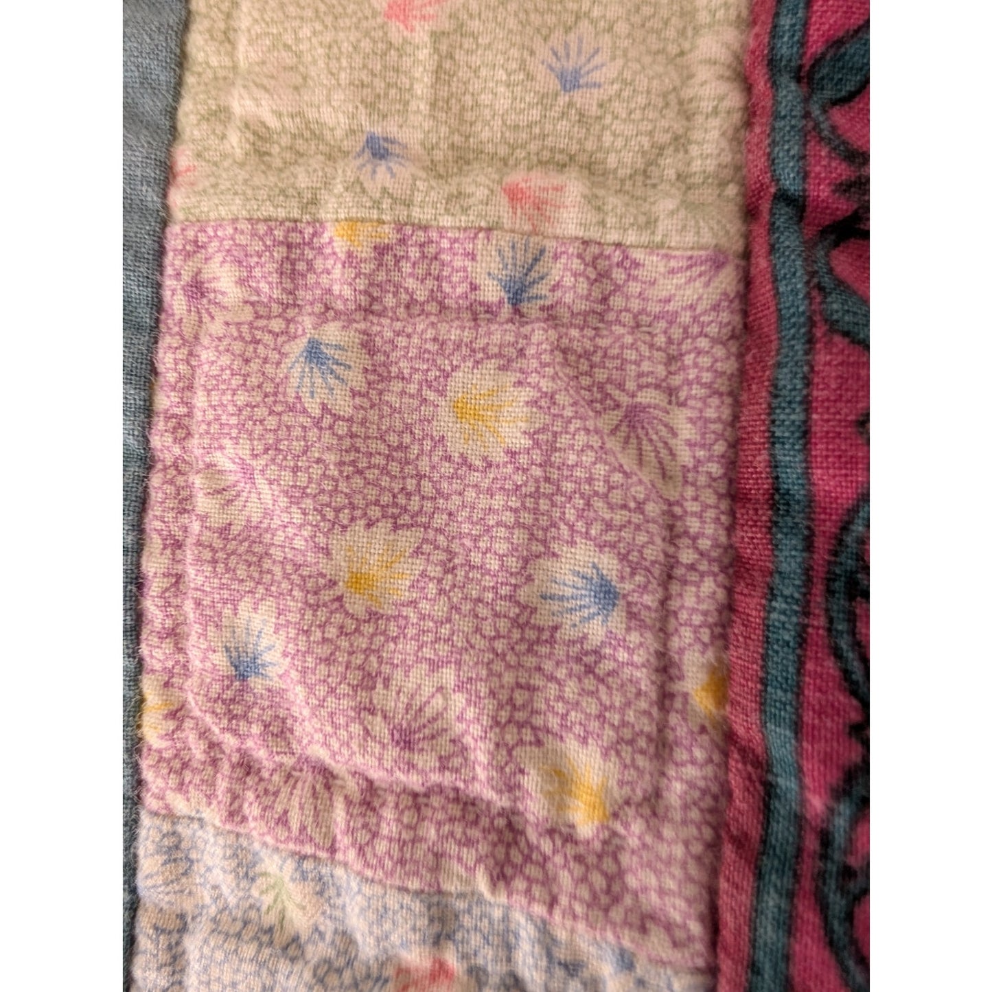 Vintage 84" X 102" Teal Blue & Mauve Cotton Hand Stitched Quilt