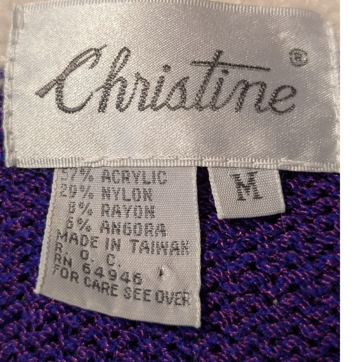 Vintage 80s Christine Purple Angora Bows Faux Pearls Sequin Sweater Women's M