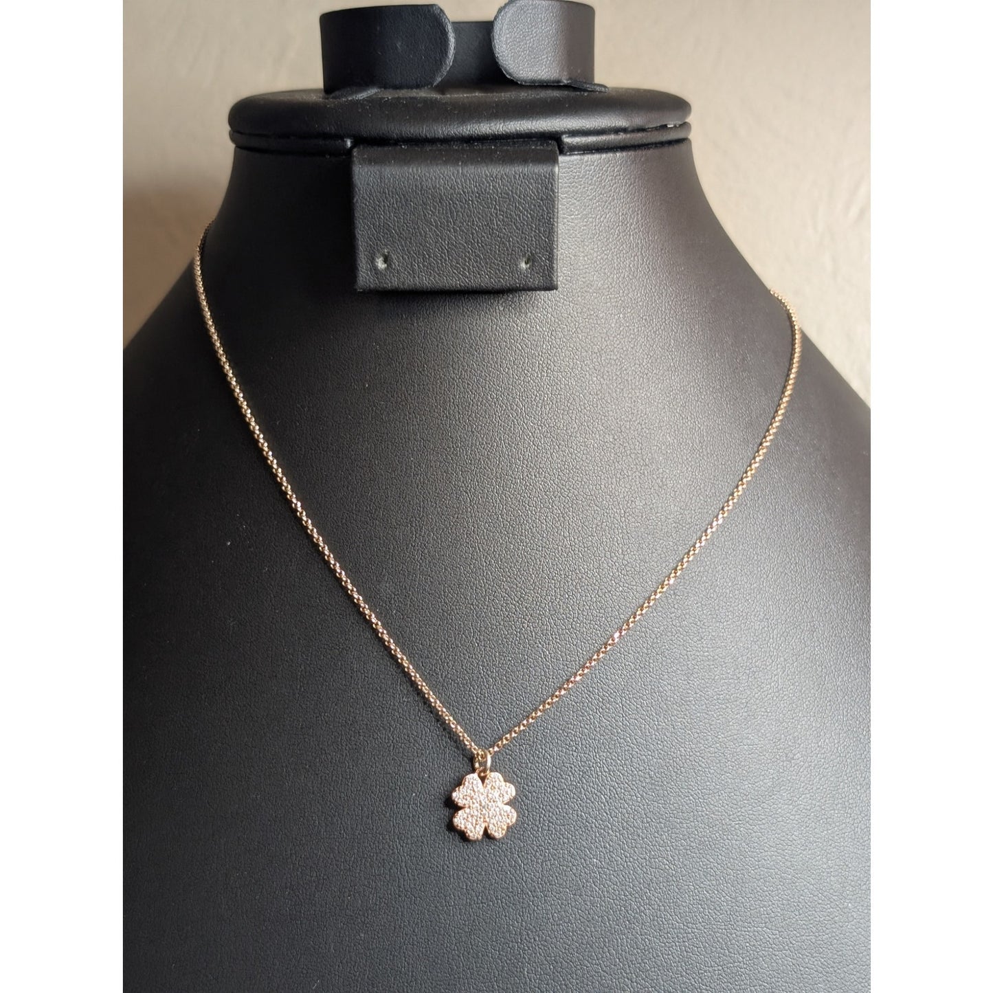 925 Rose Gold Tone Rhinestone Shamrock Pendant 16" Necklace