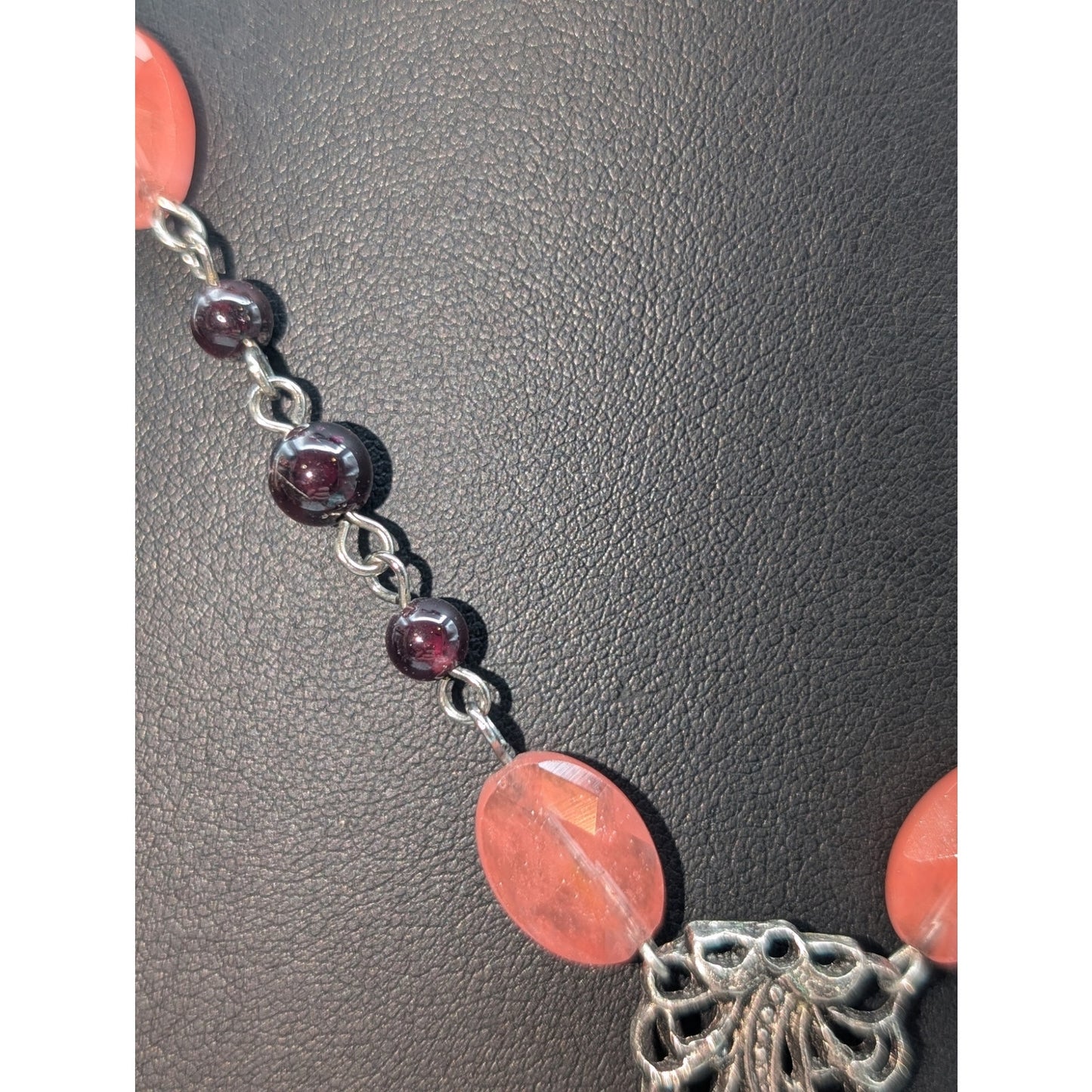 Antique Silver Tone Pink Glass Heart Garnet Bead Y-Drop 16"-17.5" Necklace