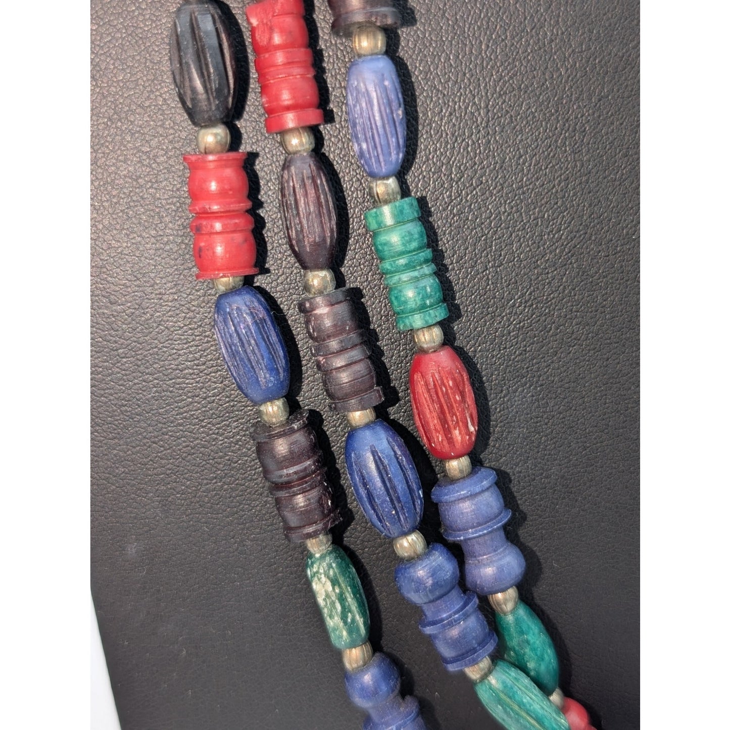 Vintage Triple Strand Jewel Tone Tribal Resin Bead Hook Clasp 30" Necklace