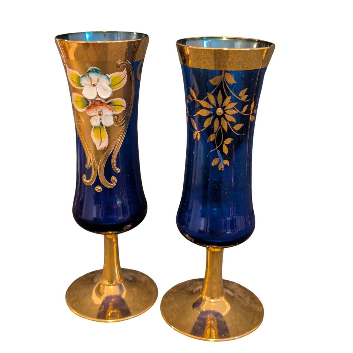 Vtg 50s 2 Cobalt Stem Sherry Glasses Tre Fuochi Murano Italy Venetian Heavy Gilt