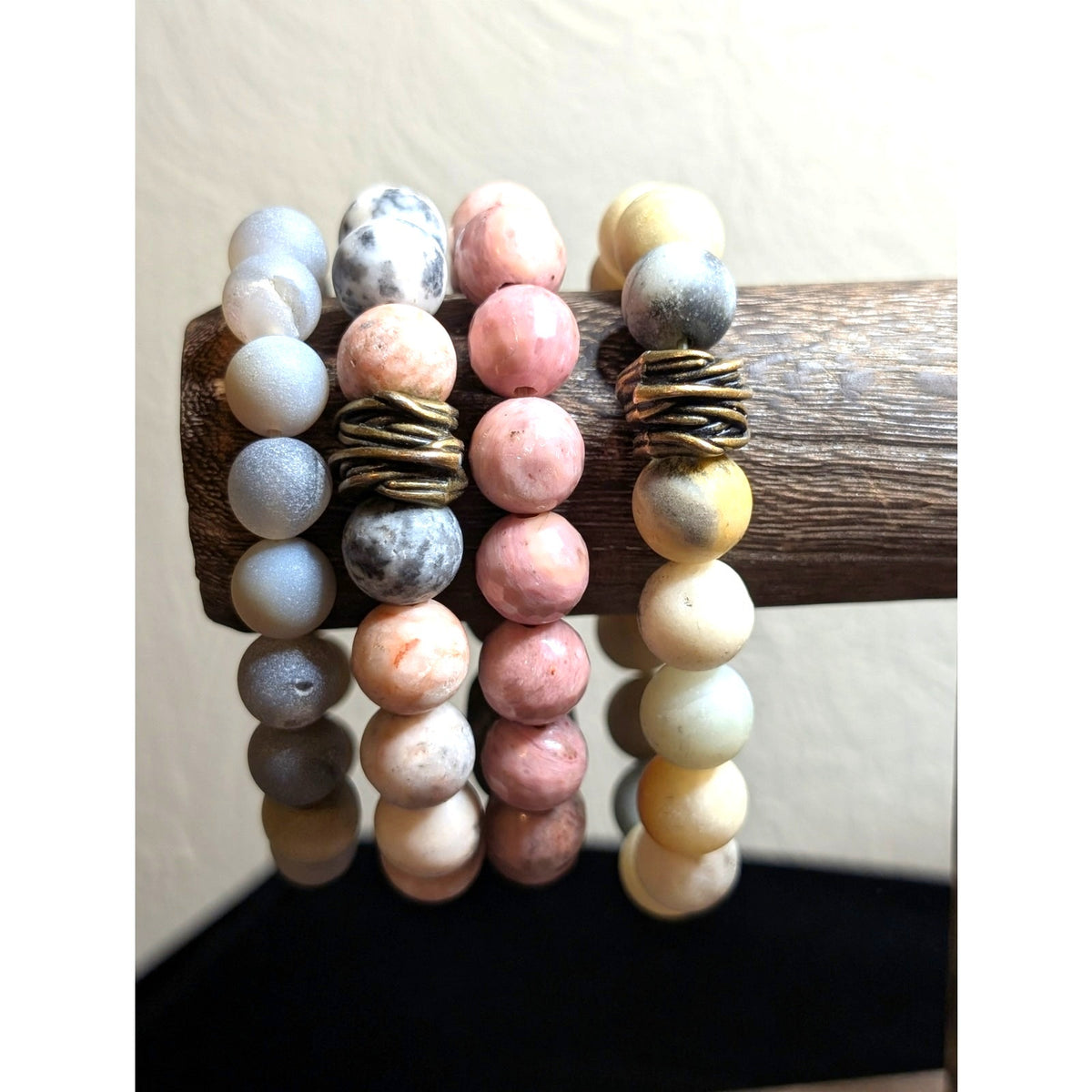 Lot of Four Pink Gray Yellow Stone Bead Stretch Bracelets