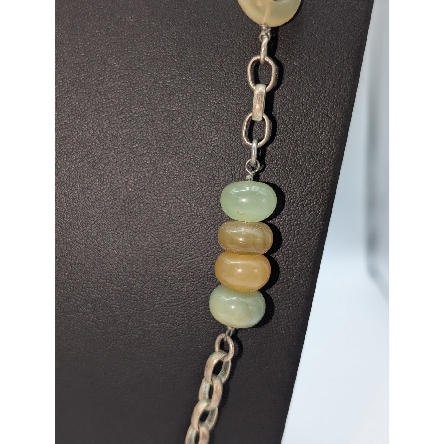 Vtg Green Brown Neutral Colors Stone & Glass Bead Silver Tone Chain Necklace