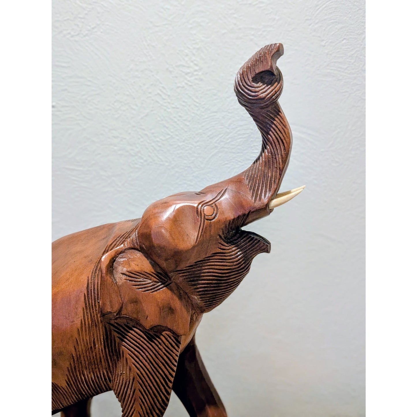 VTG Mid 20th Century Hand Carved Trunk Up Tusked Wooden Elephant Sculpture