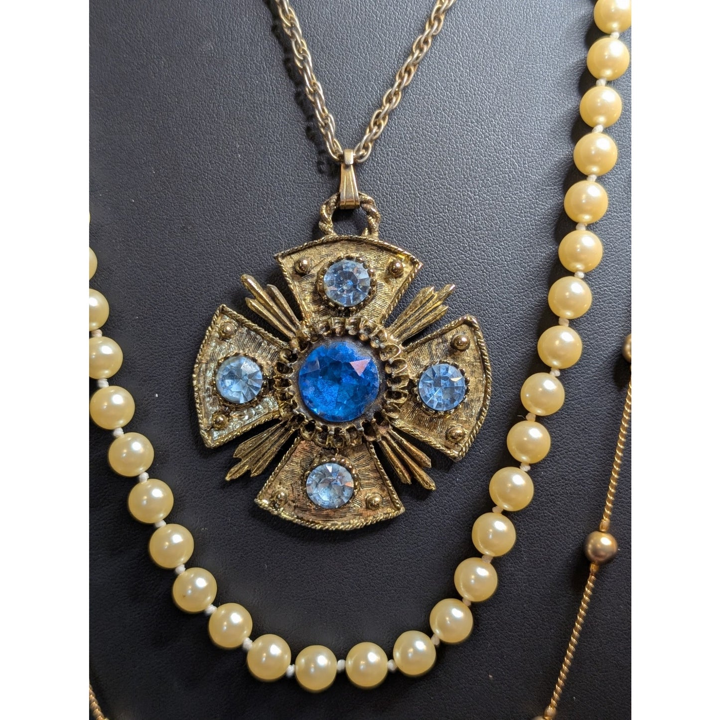 Lot of Three Layered Blue Rhinestone Faux Pearl Beaded Gold Tone Chain Necklaces