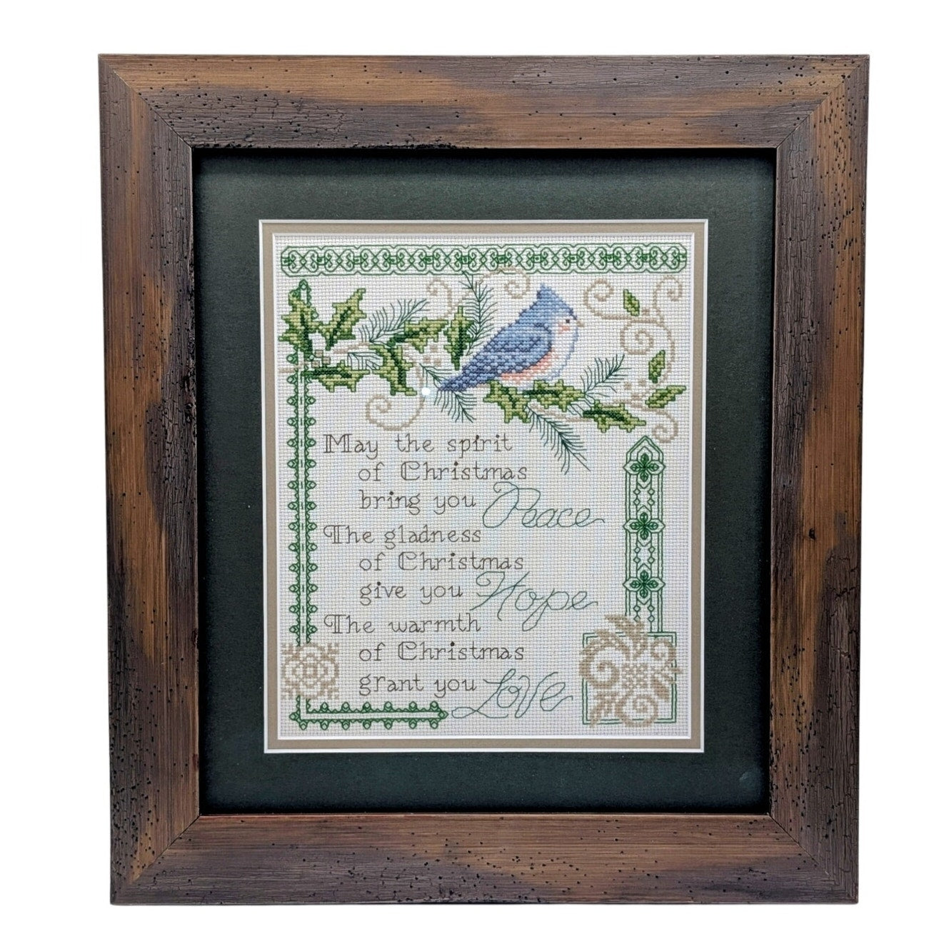 Wood Framed Under Glass Green Mat Blue Bird Christmas Prayer Cross Stitch
