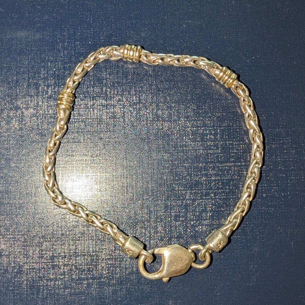 18K Gold & 925 Sterling Silver--Wheat Chain Bracelet W/ 18K Gold Stations 12.22g