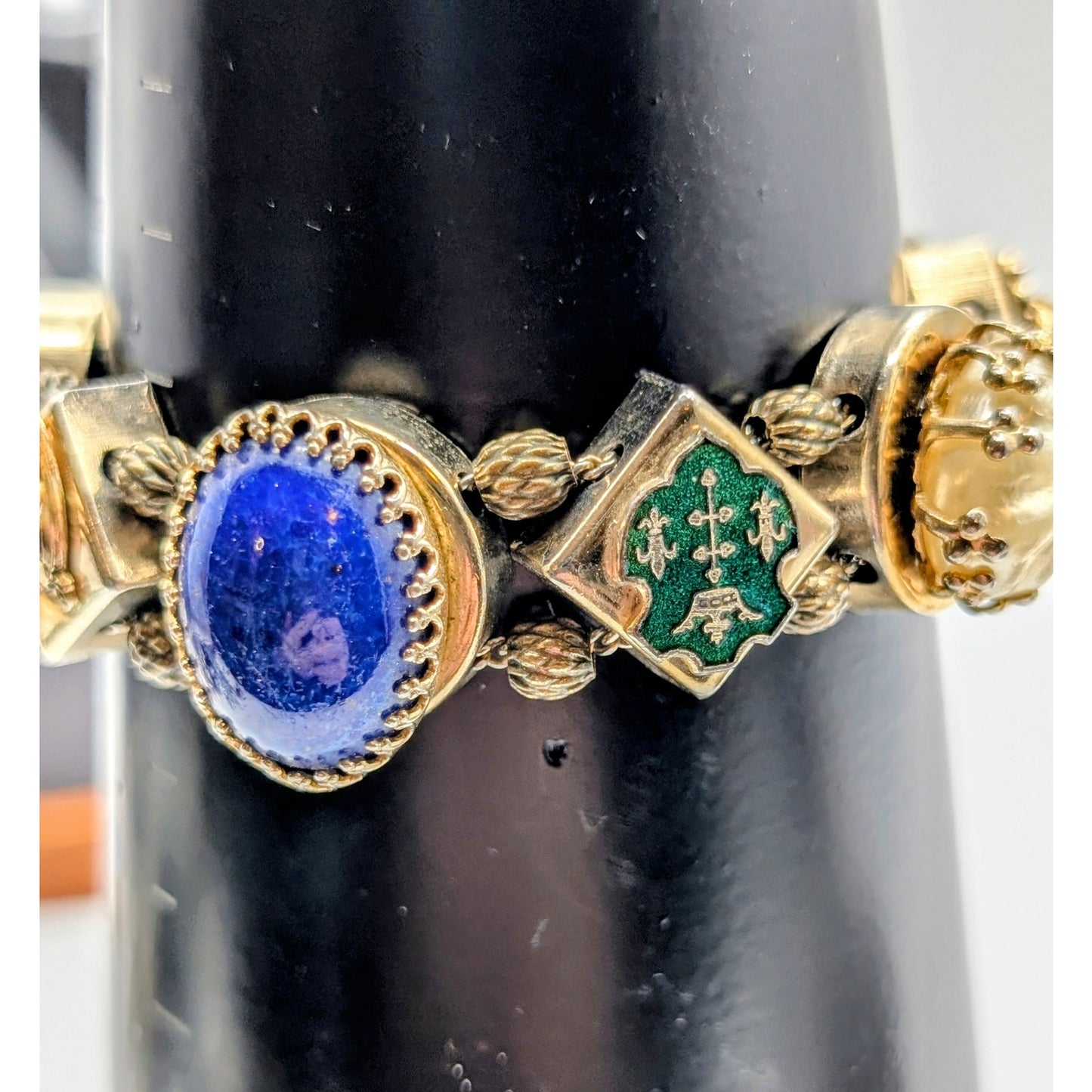 Vintage Victorian Sliding Moveable Charm Muted Gold Tone Bracelet