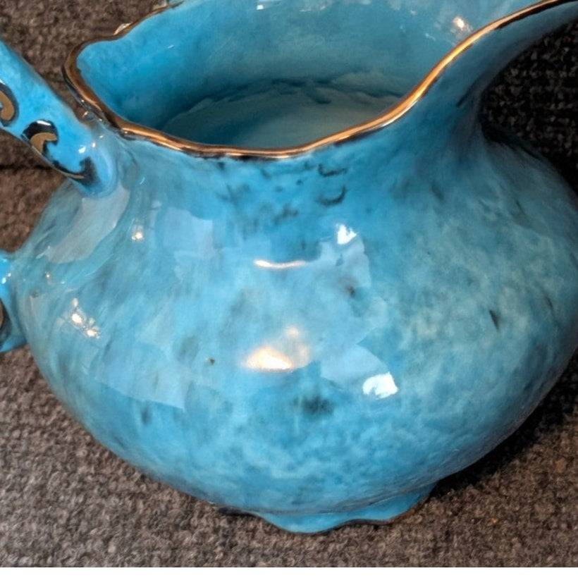 Vintage/Antique Blue Painted Gilt Edge 3D Grape Design Pitcher