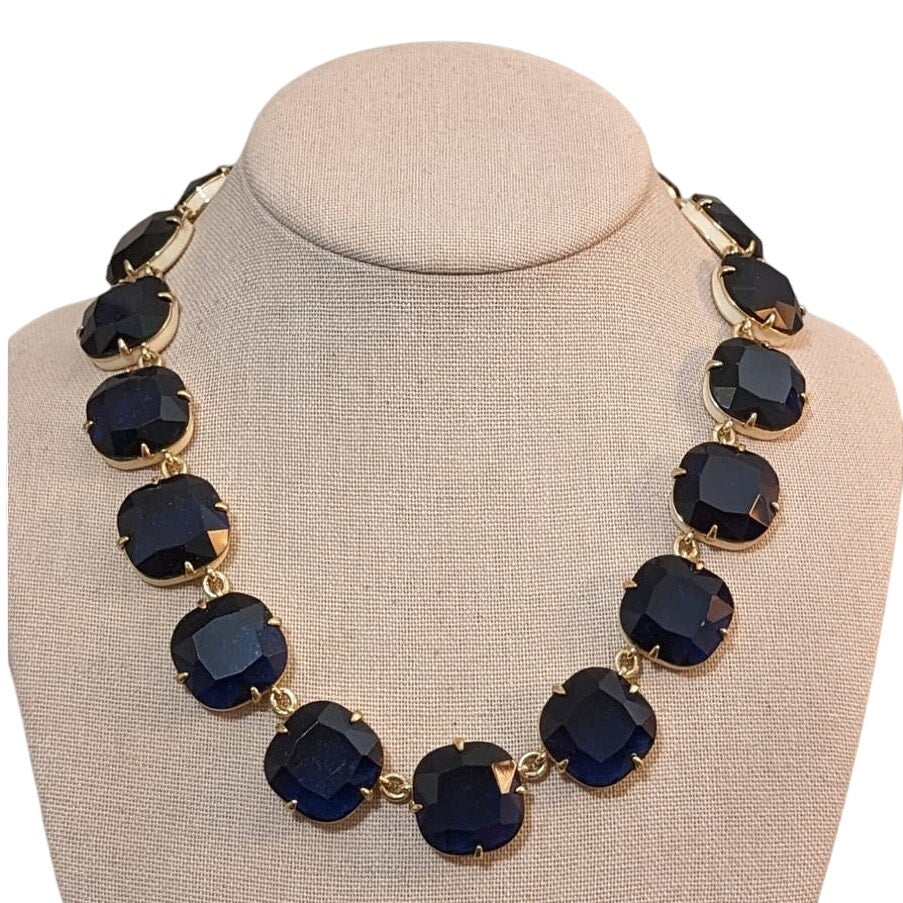 J. Crew Cobalt Crystal Cream Enamel Square Link Necklace NWOT