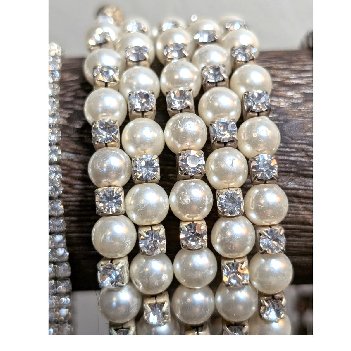 Lot of Four Vintage Pearl Rhinestone Silver Tone Bracelets