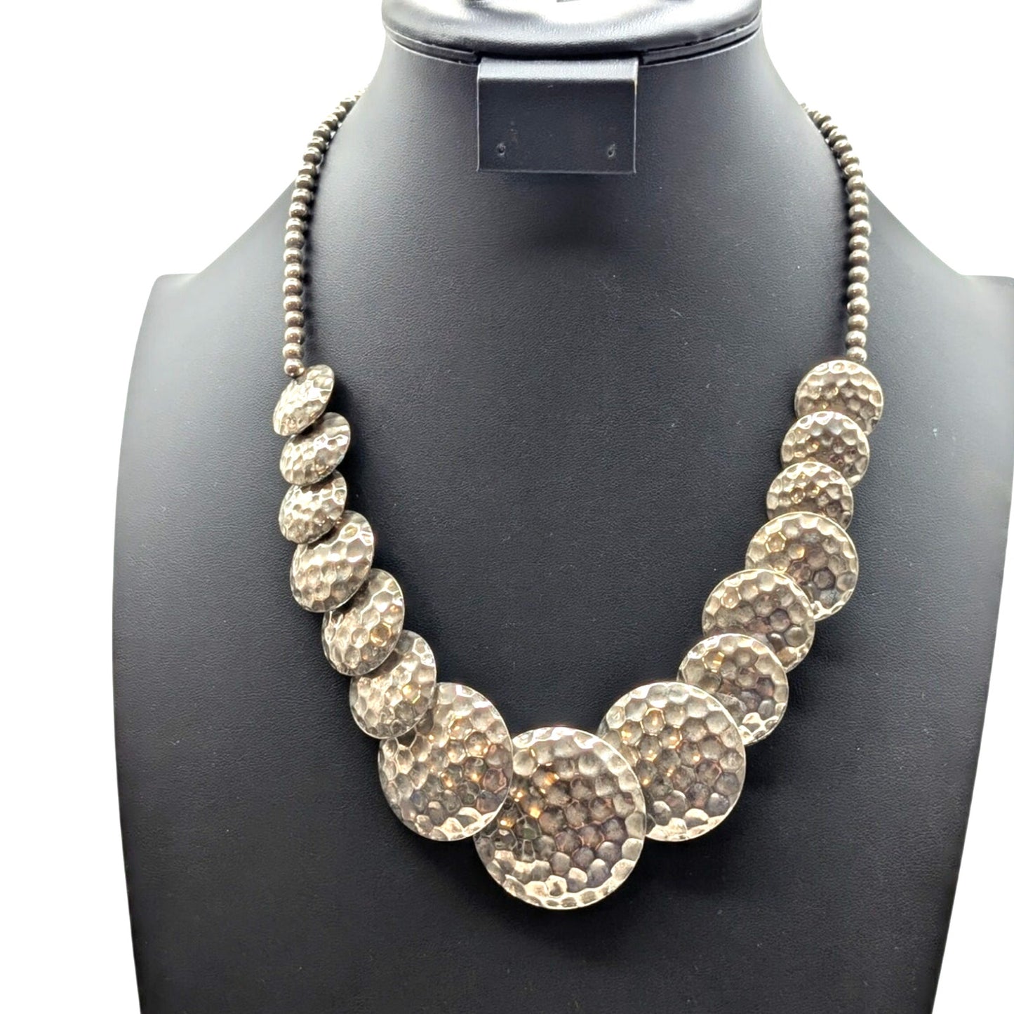 Vintage Hammered Silver Graduated Metal Disc Bead Barrel Clasp 22" Necklace