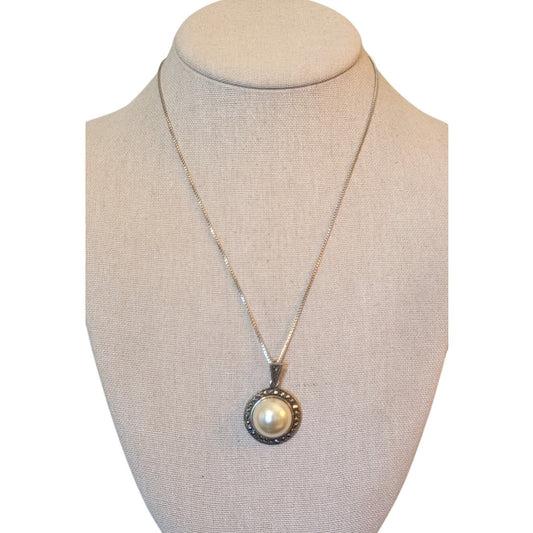 Vintage 925 Sterling FAS Marcasite Large Faux Mabe Pearl Pendant 18" Necklace